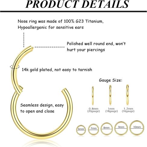 MILACOLATO 5 قطع G23 حلقات الأنف من التيتانيوم الأطواق 20 جرام 18 جرام 16 جرام حلقات ثقب الجسم للحاجز الغضروف دايث روك الشفاه الزنمة الحلزون محارة الأذن فص الأذن أقراط هيبوالرجينيك ثقب الأنف مجوهرات النساء الرجال in Kuwait