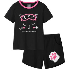 UNICABBIT21 Pajamas for Girls Summer Cotton Short Sleeve and Dot Short Pants PJS Set Big Kids Loungewear Size 6-16