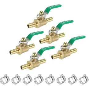 uxcell 5/16" Mini Ball Valve, Brass Shut-off Valve Switch Hose Barb Pipe Tube Fittings with Clamp 90 Degree Red Operation Handle, Brass Valve, 5 Set