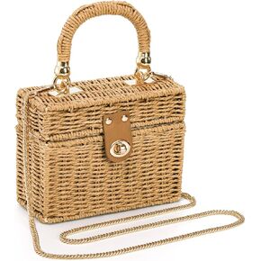 Square Straw Handbag, Vintage Women's Wicker Basket Bag, Handmade Rattan Crossbody Bag, Boho Tote Bag with Detachable Shoulder Strap for Summer Beach Casual Vacation Chic