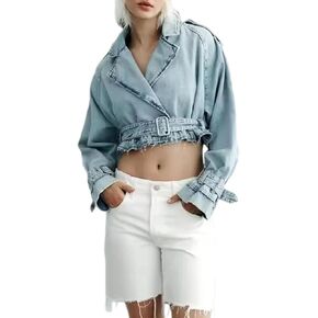 NIGHTMISS Women Oversized Drape Shoulder Button Down Belted Denim Jacket Loose Crop Boyfriend Jean Jacket Coat
