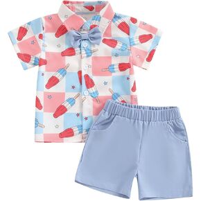 Kid Toddler Boys 4th of July Shorts Sets 2Pcs Independence Day Outfits Short Sleeve Button Up Shirts and Shorts Suit