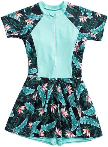 JadeRich Teen Girls One Piece Short Sleeve Swim Dress Rash Guard Bathing Suit Skirted Zip Front Swimwear in Kuwait