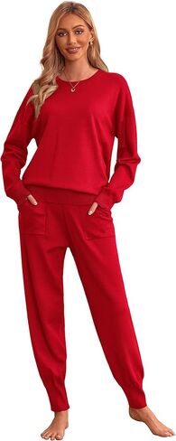 طقم صالة نسائي مكون من قطعتين من Ekouaer بأكمام طويلة وبدلة رياضية بلوفر منسوج وسترة ركض مع جيوب in Kuwait