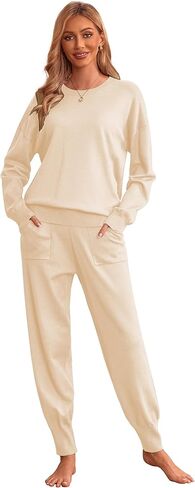 Ekouaer Women'S 2 Piece Lounge Set Long Sleeve Pajamas Sweatsuit Knit Pullover Sweater Jogger Pant Outfits With Pockets in Kuwait