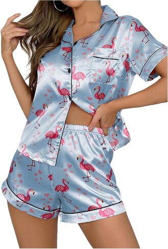 WDIRARA Women's Satin Heart Print Short Sleeve Button Down Flamingo Pajamas Shorts Set in Kuwait