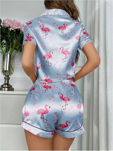 WDIRARA Women's Satin Heart Print Short Sleeve Button Down Flamingo Pajamas Shorts Set in Kuwait