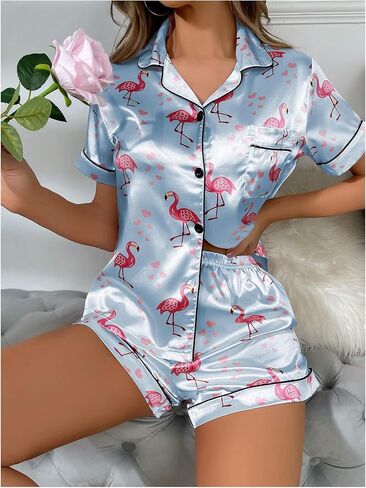 WDIRARA Women's Satin Heart Print Short Sleeve Button Down Flamingo Pajamas Shorts Set in Kuwait