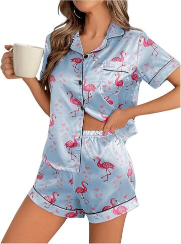 WDIRARA Women's Satin Heart Print Short Sleeve Button Down Flamingo Pajamas Shorts Set in Kuwait