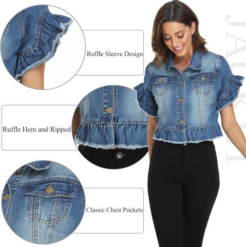MISS MOLY Women's Denim Jacket Ruffle Sleeve Button Down Distressed Summer Cropped Jean Jackets in Kuwait