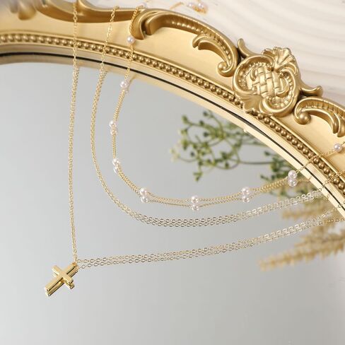 Tasiso الصليب قلادة للنساء 14K مطلية بالذهب لذيذ الطبقات الصليب مشبك ورق سلسلة قلادة قلادة مجموعة أفقية جانبية الصليب قلادة الحد الأدنى العصرية هدايا المجوهرات in Kuwait