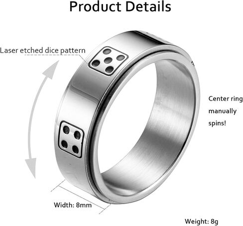 Mens Stainless Steel Lucky Spinner Ring Retro Dice Pattern Wedding Bands 8mm Silver,Gold,Black in Saudi Arabia