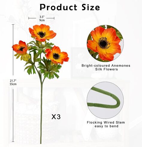 5Pcs Anemone Flowers Artificial Silk Flowers 20.9" White Faux Flowers Realistic Fake Flowers for Decoration Faux Poppy Flower Anemone Artificial Flowers Bulk for Vase Centerpieces Home Wedding Bouquet in Saudi Arabia