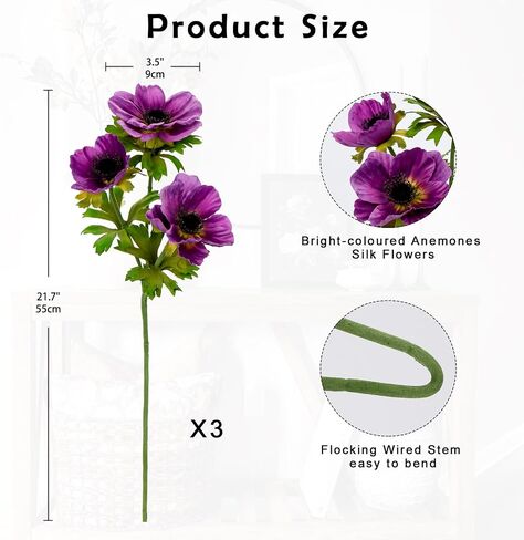 5Pcs Anemone Flowers Artificial Silk Flowers 20.9" White Faux Flowers Realistic Fake Flowers for Decoration Faux Poppy Flower Anemone Artificial Flowers Bulk for Vase Centerpieces Home Wedding Bouquet in Saudi Arabia