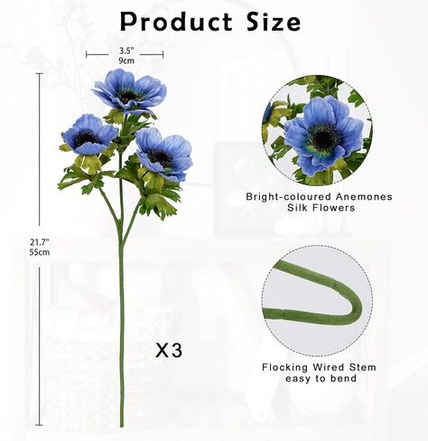 5Pcs Anemone Flowers Artificial Silk Flowers 20.9" White Faux Flowers Realistic Fake Flowers for Decoration Faux Poppy Flower Anemone Artificial Flowers Bulk for Vase Centerpieces Home Wedding Bouquet in Kuwait