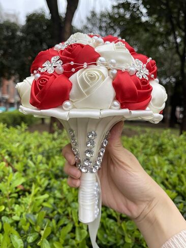 S-ssoy Wedding Bouquet Bride Bridal Brooch Bouquets Bridesmaid Bouquet Diamond Pearl Ribbon Valentine's Day Confession Party Church with Free Corsage Flower, Black+White in Saudi Arabia