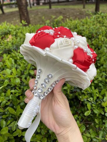 S-ssoy Wedding Bouquet Bride Bridal Brooch Bouquets Bridesmaid Bouquet Diamond Pearl Ribbon Valentine's Day Confession Party Church with Free Corsage Flower, Black+White in Saudi Arabia