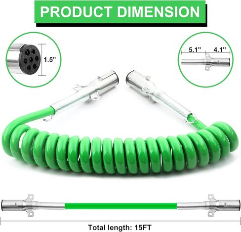 7 Way Trailer Cord 15 FT ABS Electrical Power ABS Cord Heavy Duty Green Trailer Cord Straight Power Wire Cable for Semi Trucks Trailers Tractors in Saudi Arabia