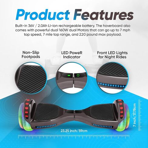 6.5" Hoverboard for Kids Ages 6-12, Bluetooth Hover Board with Tunnel Light Style Wheels & Non-slip Footpads, UL2272 Safety Certified in Saudi Arabia