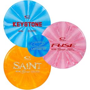 Latitude 64 Retro Burst Disc Golf Set, Outdoor Games, Men & Women Frisbee Starter Set, River & Saint Fairway Drivers, Ballista Distance Driver, Fuse Midrange & Keystone Disc Golf Putter