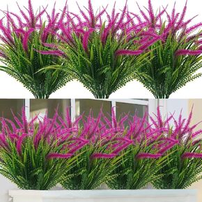KHOYIME 6 Bundles Artificial Plants Fake Grass Bushes, Faux Greenery Shrubs UV Resistant Plastic Green Stem Purple Flowers Plants Outdoor Indoor Spring Summer Decor for Home Garden Porch Window Box