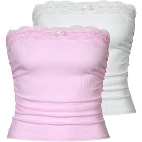 Milumia Women's 2 Pack Rib Knit Lace Trim Crop Tube Tops Ruched Strapless Bandeau Tank Tops