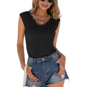 Women's Tank Tops Casual Summer V Neck Sleeveless Top Shirt with Cute Cord Detail