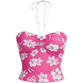 Women's Floral Print Halter Top Sweetheart Neck Ruched Tie Back Slim Fit Crop Tops
