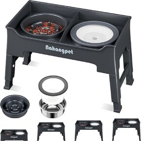 2-in-1 Elevated Dog Bowls, Mess Proof Slow Feeder Dog Bowl with No Spill Water Bowl, 4 Heights Adjustable, 2 Different Combinations, Raised Dog Bowl for Small Medium and Large Dogs(Black)