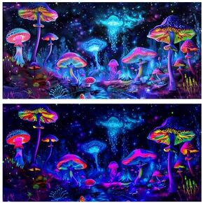 72X24IN Blacklight Mushroom Jellyfish Aquarium Background UV Reactive Background Starry Sky Terrarium Background with 10 EVA Double-Sided Tape