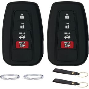 2pcs 4 Buttons Silicone Key Fob Cover for Toyota 2020-2024 Camry RAV4 Highlander Avalon C-HR Prius Corolla GT86 (Black + Blue)