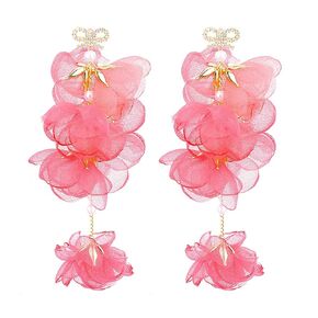 18K Gold Plated plastic Pearl Zircon Organza Flower Earrings for Girls, Kids Birthday Party, Wedding Gift (YMXA00708)