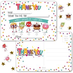 Gooji Kid’s Thank You Cards, 25 Pc. Postcards Set, Double-Sided Custom Cardstock with Fill in the Blank Messages for Birthday Party, Event, or Holiday Use, Stickers Included (Party Treats)
