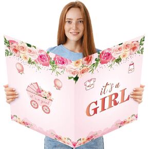 Large Baby Shower Card with Envelope for Girls, Giant Floral It's a Girl Baby Shower Card, Pink Guest Book Greeting Card, Jumbo Baby Shower Card Decoration Party Supplies or Gift