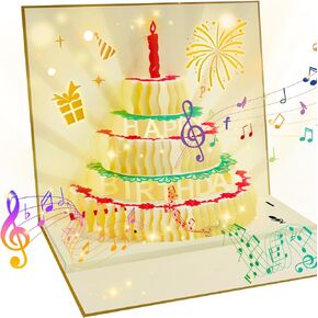CANREVEL 3D Pop Up Birthday Cards,Warming LED Light Birthday Cake Voice Recordable Happy Birthday Card Postcards Greeting Cards for Mom,Wife,Sister,Boy,Girl,Friends - Gold
