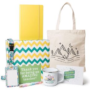 Teacher Appreciation Gift, Six Elegant Pieces - 12oz Natural Canvas Cotton Tote, 12oz Enamel Mug, PU Leather Notebook, Ballpoint Pen, ID Card Holder, with "Thank You" Card
