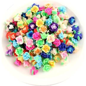 100 Pieces Small Rose Flower Beads with Holes Polymer Clay Charms Pendants Flatback Cabochons Embellishment for Jewelry Making Keychain Bag Charms Hair Accessories Decorations