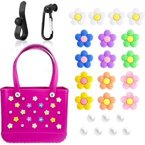 23Pcs Flower Pearl Charms for Bogg Bag, Charms for Bogg Bag All Models, with Carabiner & Hook, Bogg Bag Accessories