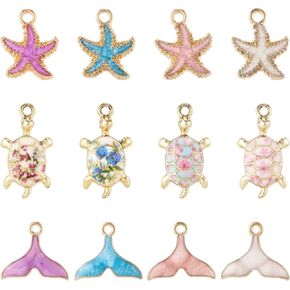Cheriswelry 24Pcs Ocean Sea Animal Alloy Enamel Charms Light Gold Plated Starfish Tortoise Whale Tail Pendants 12 Styles 15-24.5mm for DIY Necklace Earring Bracelet Jewelry Making