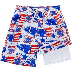 Boys Swim Trunks Boys 4Th of July Swim Trunks with Compression Liner Quick Dry American Flag Shorts Size 5-16