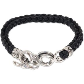 NOVICA Artisan Handmade Men's .925 Sterling Silver Leather Braided Bracelet Snake Black Indonesia Animal Themed Halloween 'Cobra'