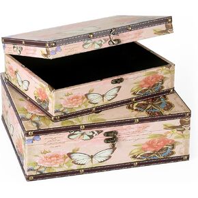 ELLDOO Set of 2 Butterfly Treasure Chest Box, Wooden + PU Leather Storage Decorative Box for Jewelry Trinkets Photos, Rectangular Keepsakes Box for Girls Women Gifts