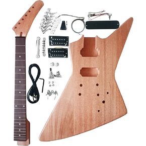 sdwutong EX-Style Electric Guitar Kit Mahogany Body and Neck - Rosewood Fingerboard Explorer Style Electric Guitar Builder Kit