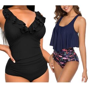 بدلة سباحة نسائية مكشكشة مكونة من قطعتين وملابس سباحة من قطعة واحدة in Kuwait