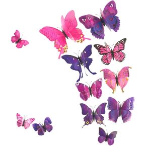 AKOAK 24 Pcs 3D Butterfly Wall Stickers, Double-Layer Wing Butterfly Art Decor Decals with Magnet and Double-Sided Adhesive for Room Home Nursery Decor,Pink/Purple