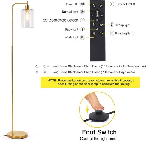 GAOMON Floor Lamps for Living Room with Glass lampshade, Modern Standing Lamp with Remote Control, Classic Reading Tall Pole Light for Bedroom Office Study Room, Gold in Saudi Arabia