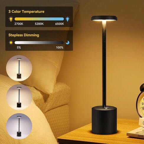 Rechargeable LED Wireless Touch Desk Lamps Set of 2, 5000mAh Battery Operated Lamp, 3 Color Modes with Memory Function and Stepless Dimming Desk Lamp for Restaurant/Bedroom/Terrace (Black) in Kuwait