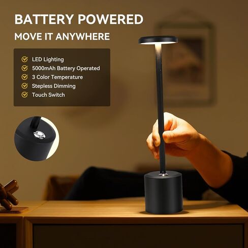 Rechargeable LED Wireless Touch Desk Lamps Set of 2, 5000mAh Battery Operated Lamp, 3 Color Modes with Memory Function and Stepless Dimming Desk Lamp for Restaurant/Bedroom/Terrace (Black) in Kuwait