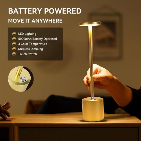 Rechargeable LED Wireless Touch Desk Lamps Set of 2, 5000mAh Battery Operated Lamp, 3 Color Modes with Memory Function and Stepless Dimming Desk Lamp for Restaurant/Bedroom/Terrace (Black) in Kuwait
