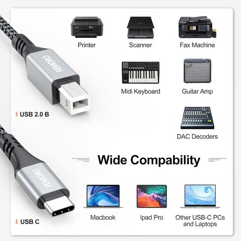 كابل طابعة FEMORO USB B إلى USB C بطول 3 أقدام، كابل USB C إلى USB B محول USB-B إلى USB-C كابل USB 2.0 إلى USB C MIDI متوافق مع جهاز MacBook Pro HP Digital Piano DJ MIDI (3 أقدام) in Saudi Arabia